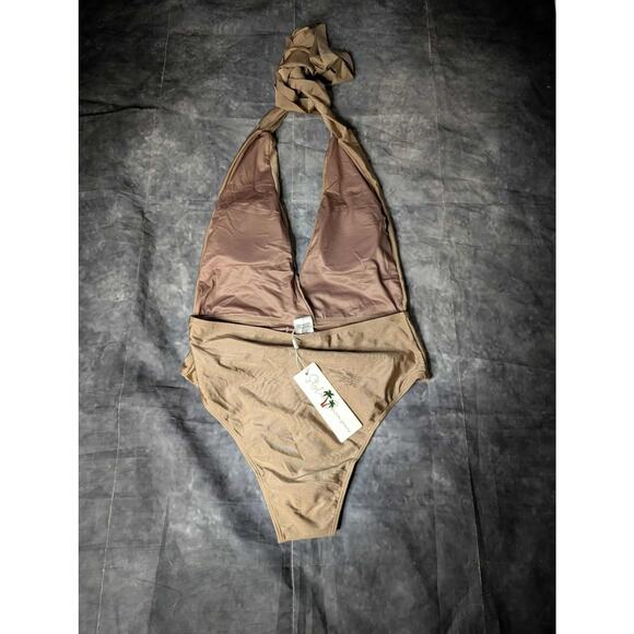 Stylish Swimwear One Piece Nude Swimsuit Size L Open Back Halter - Picture 3 of 9